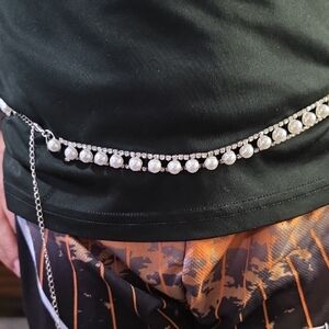 Louisa Silver and Pearl Chain Belt With Crystal Accents